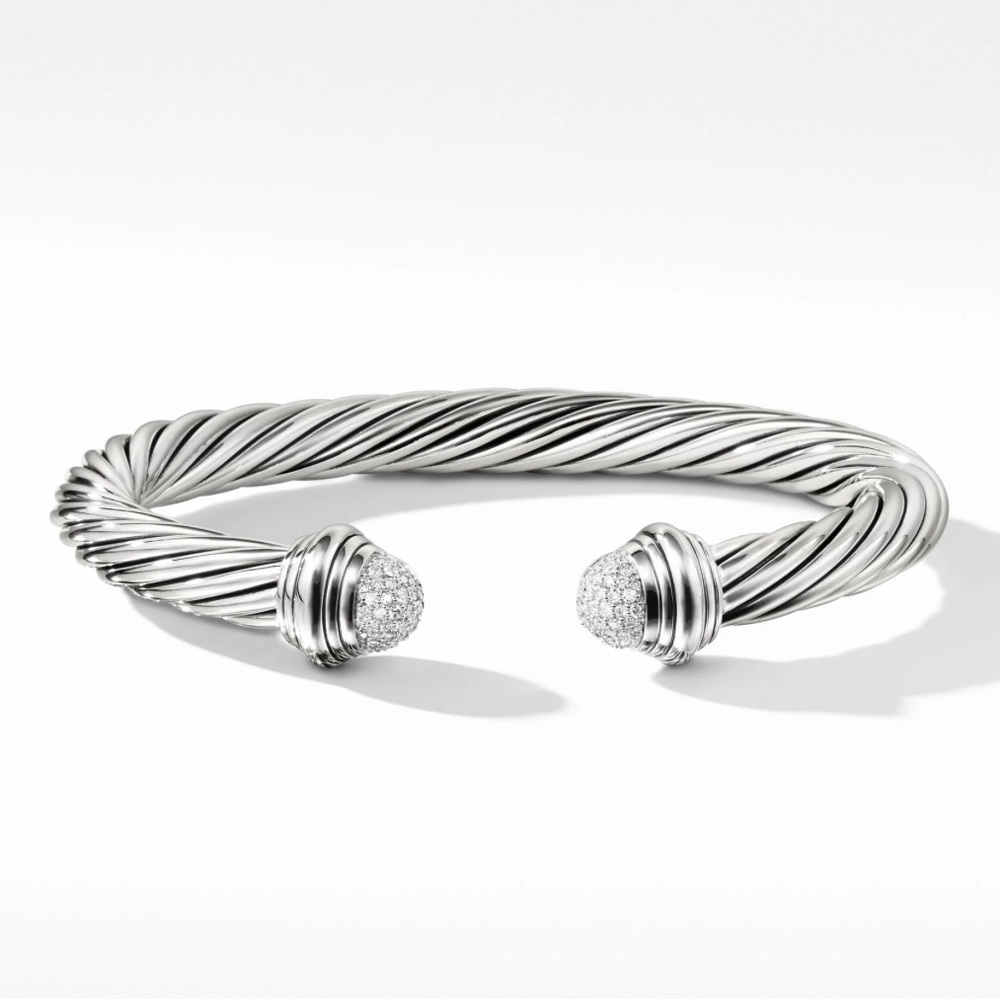 Cable Classic Bracelet in Sterling Silver with Pavé Diamond Domes